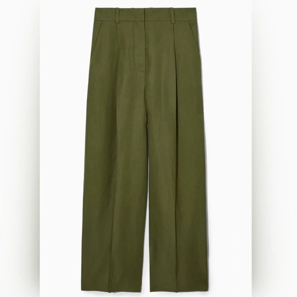 COS RELAXED LINEN-BLEND WIDE-LEG PANTS DARK KHAKI GREEN 2 Small